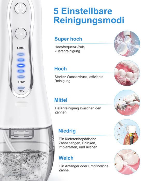 BESTOPE Elektryczna myjka do zębów z 5 trybami i 8 dyszami, bezprzewodowa, do mycia jamy ustnej, wodoszczelność IPX7, ładowanie przez USB, 300 ml, irygator oralny, do domu w podróży