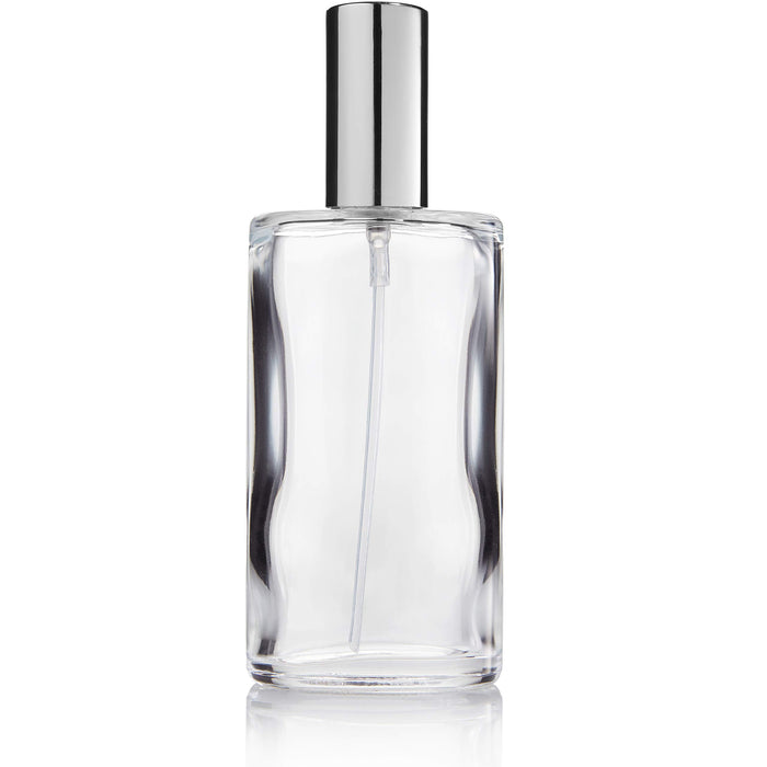 Fantasia Perfumy Flakon pusty z pompką rozpylającą owalna butelka ze szkła przezroczystego do samodzielnego napełniania atomizerem i zatyczką do wielokrotnego napełniania, kolor srebrny, 100 ml