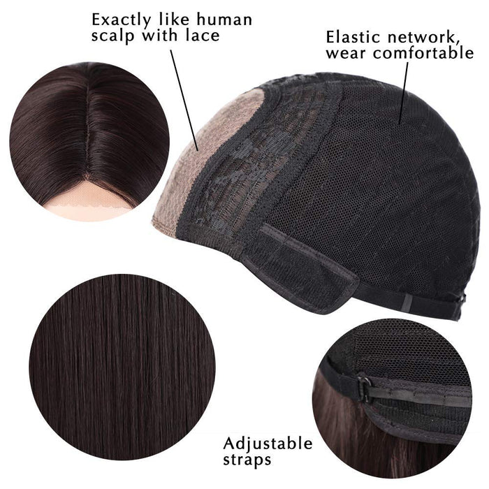 Peruka brązowa damska długa, gładka peruka dla afro/kobiet/dziewcząt, naturalna część środkowa, mała koronka, peruka, na imprezę/do kostiumu, koronka, ciemnobrązowa, peruka R012B