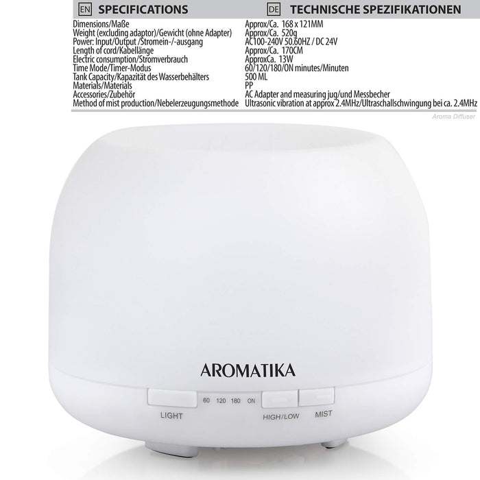 Essential Oil Diffuser 500ml - Ultrasonic Humidification - Aromatherapy Diffuser Humidifier- 7 Color LED Lights - for Room - Home - Office - Yoga - Salon - Spa - Office - Bedroom - Best for Gift