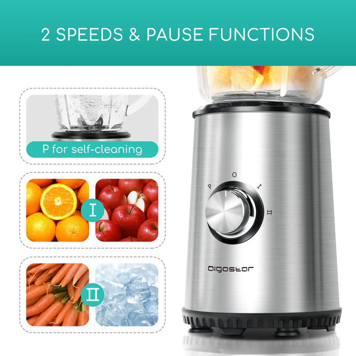 Aigostar Baron - Blender smoothie 2 w 1, ze stali nierdzewnej, bez BPA, 350 W. 1 l słoik i butelka 600 ml z Tritanu. Smoothie Mixer owoców, koktajle mleczne, 2 stopnie prędkości i funkcja P