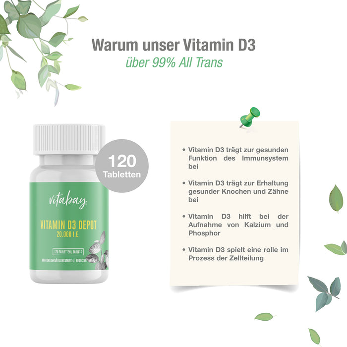Vitabay witamina D3 Depot 20 000 I.E, 120 tabletek wegańskich, 1 tabletka co 20 dni, wysokie dawkowanie, wyprodukowano w Niemczech
