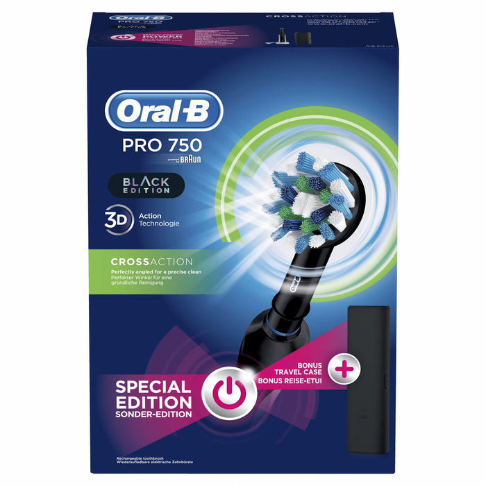 Oral-B 80314423 Pro 750 Elektryczna Szczoteczka Do Zębów z Etui i Końcówką Crossaction, Czarny/Biały
