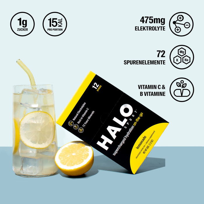 HALO Sport - Lemonada - wegańska i niskokaloryczna, saszetki w proszku do napojów elektrolitowych - suplement diety, bogata w witaminę C, pełne nawodnienie - 12 x saszetki