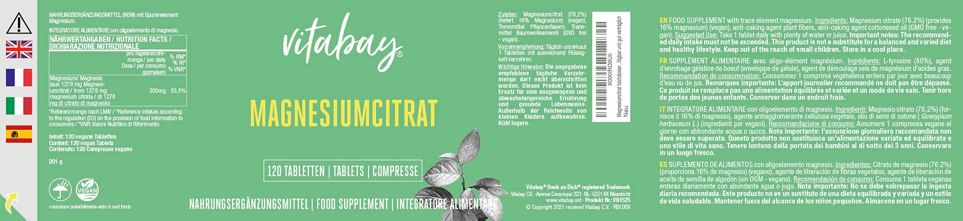 Vitabay Cytrynian magnezu 2556 mg w tym 400 mg elementarnego magnezu • 120 wegańskich tabletek • wysoka dostępność biologiczna • organiczny • Made in Germany