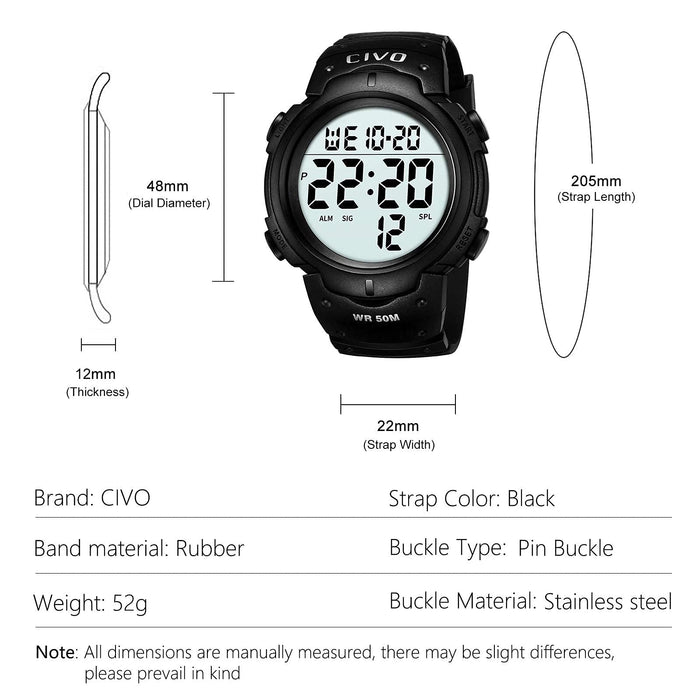 CIVO Zegarek męski, cyfrowy zegarek męski, sportowy, outdoorowy, 50 m, wodoszczelny, duży cyferblat, zegarek taktyczny, męski, podświetlenie tła LED, cyfrowy zegarek na rękę z budzikiem/kalendarzem/stoperem