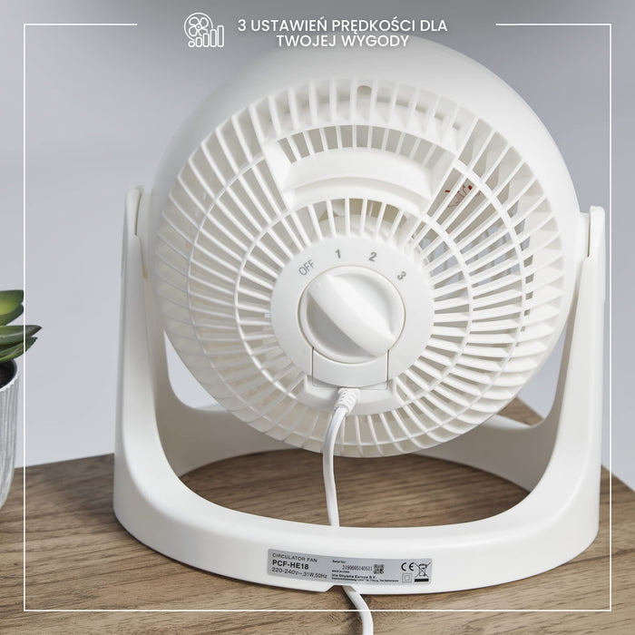 Woozoo by Ohyama, Wydajny, cichy wentylator biurkowy / wentylator stołowy, 31 W, opatentowane śmigła 3D, obrót o 360°, 3 prędkości, Do powierzchni 23m² - Woozoo PCF-HE18 - Biały