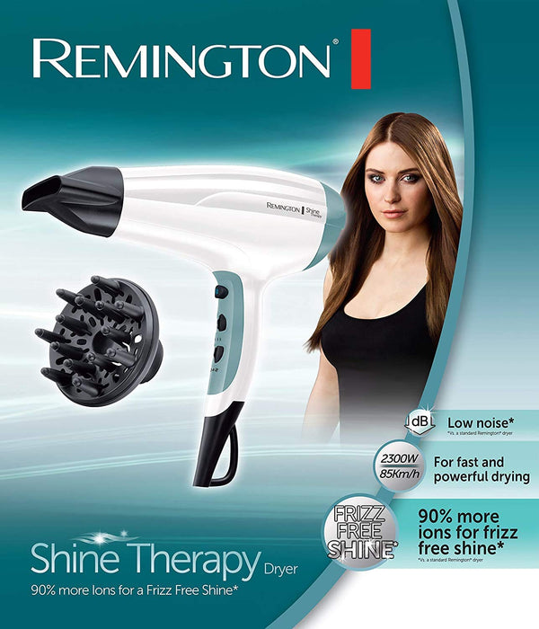 Remington suszarka do włosów z jonizacją, 3 ust. nagrzewania i 2 ust. nawiewu, koncentrator i dyfuzor, zimny nawiew, uchwyt do zawieszenia, łatwa do czyszczenia, moc 2300W, biała, Shine Therapy D5216