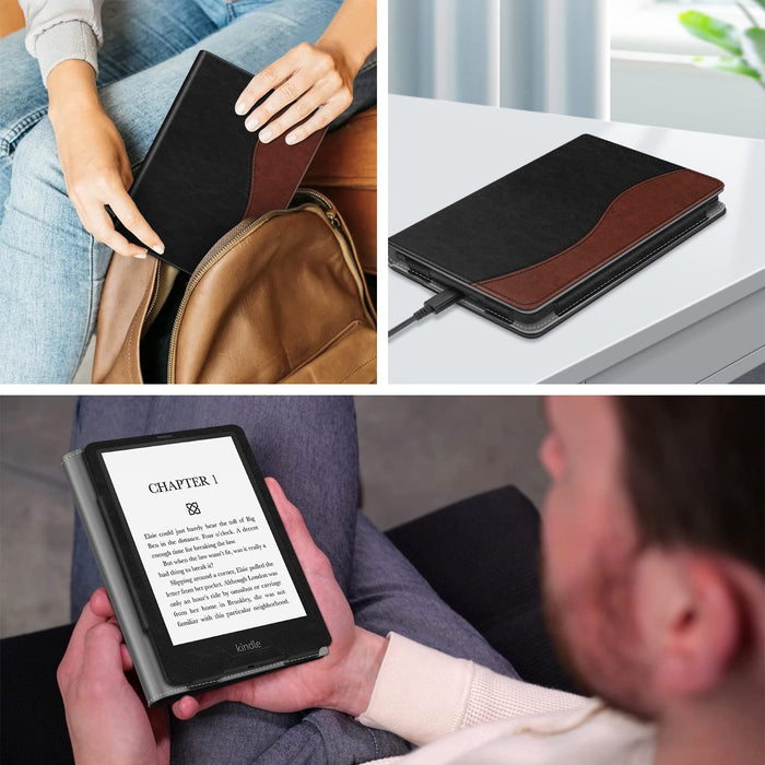 Fintie Etui Folio Zgodne z Nowym Kindle Paperwhite (11. generacja, model 2021, z Wyświetlaczem 6,8 cala) - Pokrowiec Ochronny ze Sztucznej Skóry z Funkcją Automatycznego Usypiania/Budzenia, Czarny / Brązowy