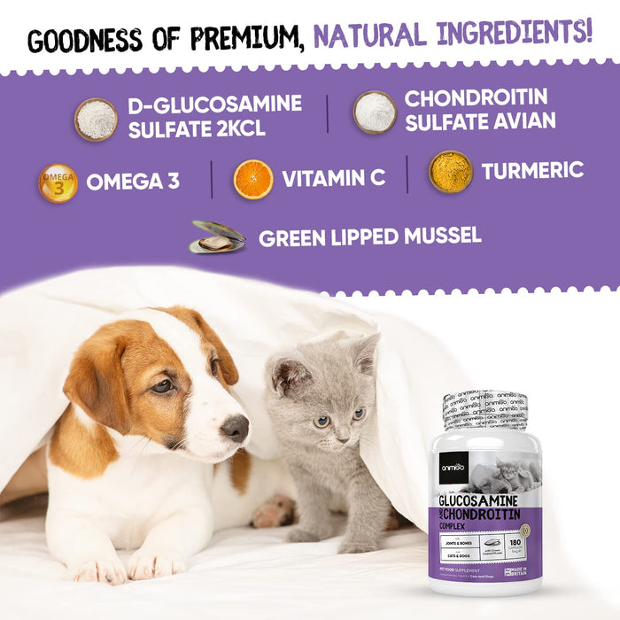 Animigo Glukozamina chondroityna z muszlą zielonowargową dla psa i kota - 180 kapsułek - do wsparcia stawów i kości - Omega 3, witamina C i kurkuma - Dog & Cat Joint Care - posypywanie pokarmu