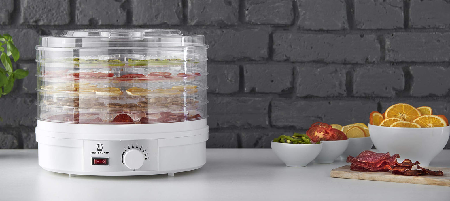 MisterChef® odwadniacz do żywności, 250 W duże 5 tacek - idealne do zdrowych i naturalnych przekąsek, suszonych owoców - długi przewód zasilający 1 m darmowy kolorowy książka z przepisami + bezpłatna 2-letnia gwarancja ładne kolorowe pudełko upominkowe