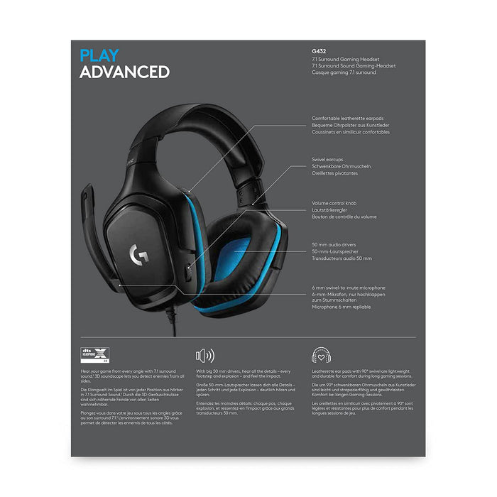 Logitech G432 Gaming Headset Leatherette Zestaw Słuchawkowy Do Gier, 7.1 Surround Sound, Skórzana Poduszka Uszna, Pc/Mac/Ps4/Xbox One/Nintendo Switch/Tablet/Smartphone - Czarny,981-000770
