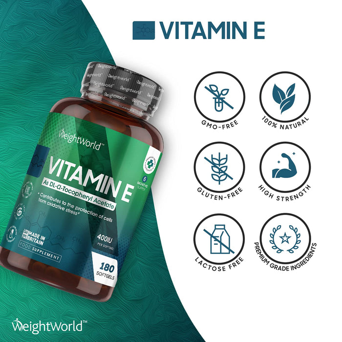 Witamina E - 400IU - 180 Softgel Capsules (6 Month Supply) - Natural Alpha Tocopherol Witamina E Suplement oleju do włosów, skóry i zdrowia ciała, Pure Vitamin E Oil - Made In The UK