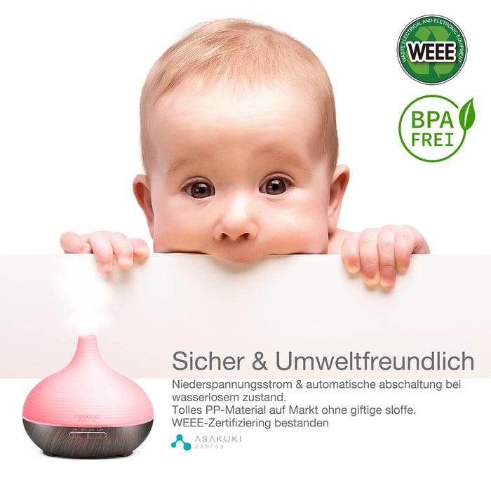 ASAKUKI Dyfuzor zapachowy 300 ml, do olejków zapachowych, ultradźwiękowy nawilżacz powietrza, aromaterapia, dyfuzor olejków z 7-kolorowym światłem LED, nie zawiera BPA, do sypialni, biura, spa