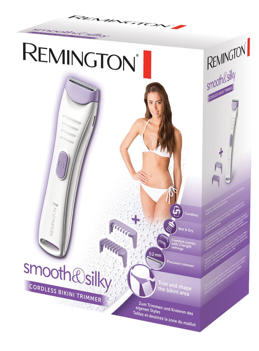 Remington depilator do bikini, trymer, bezprzewodowy, bez podrażnień, dwa grzebienie 2-4mm, na sucho i mokro, do 60 min. bezprzewodowej pracy, szczoteczka i etui, biało-fioletowy, Smooth&Silky BKT4000