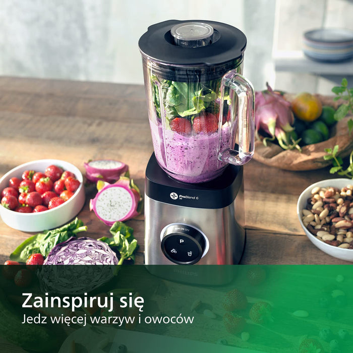 Philips Blender kielichowy oraz blender do smoothie - 1400 W, Szklany dzbanek 2 l, Aplikacja z przepisami, Płynna regulacja prędkości, Technologia ProBlend 6 3D (HR3655/00)