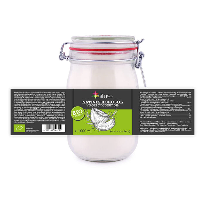 mituso Bio olej kokosowy, natywny, 1 opakowanie (1 x 1000 ml) w słoiku do naprasowania