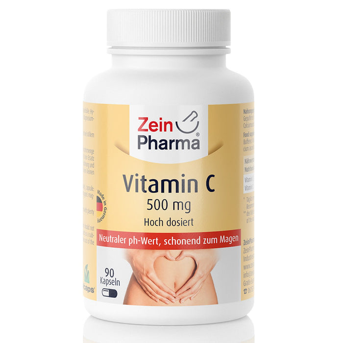 ZeinPharma Buforowana witamina C 500 mg 90 kapsułek (3 miesiące zapasu), bez glutenu, wegańska, koszerna i halal, wyprodukowano w Niemczech, 65 g