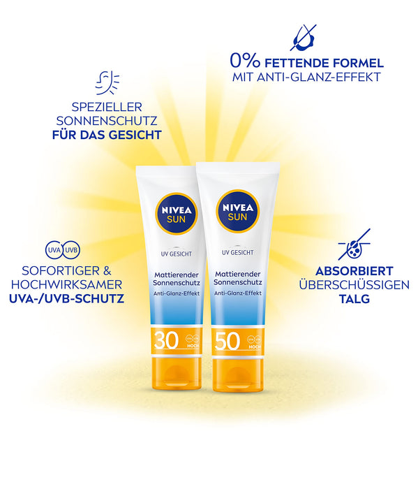 NIVEA Sun UV matująca ochrona przed słońcem SPF 30 (50 ml), nietłusty krem przeciwsłoneczny do twarzy, mleczko do opalania o lekkiej teksturze