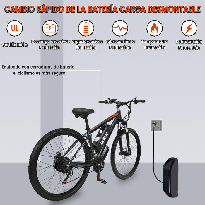 Rower elektryczny, GUNAI Rower Elektryczny Męski 29" 48V 15Ah Profesjonalny Electric Bike 21 Biegów Ebike