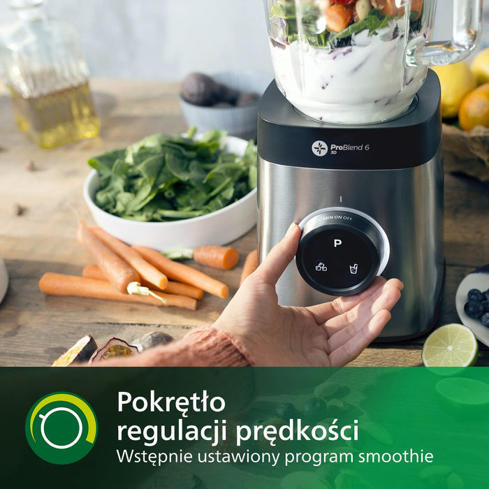 Philips Blender kielichowy oraz blender do smoothie - 1400 W, Szklany dzbanek 2 l, Aplikacja z przepisami, Płynna regulacja prędkości, Technologia ProBlend 6 3D (HR3655/00)
