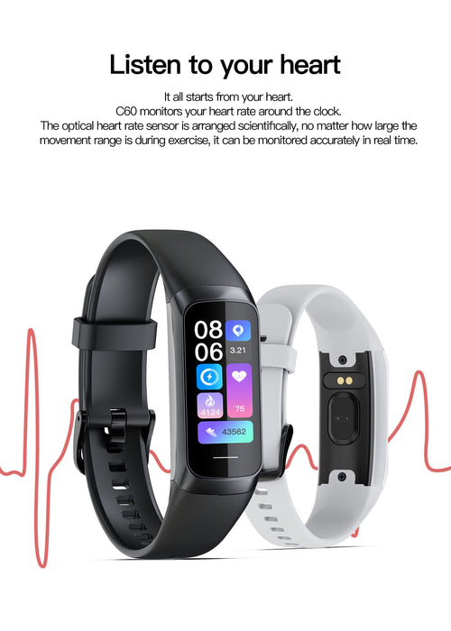 Różne funkcje, tracker fitness, kompatybilny z systemem Android i iOS, GPS Smartwatch, wykrywanie zawartości tlenu we krwi, szary C60