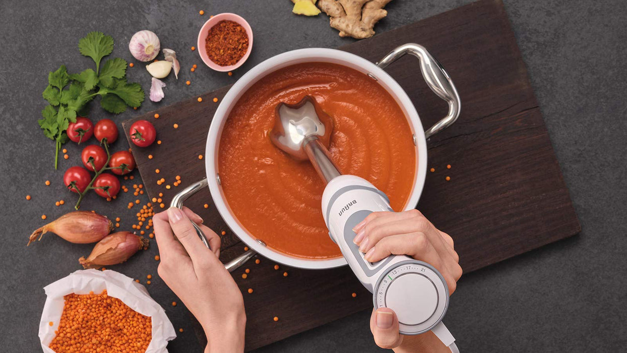 Braun blender ręczny MQ 5245WH blender ręczny – MultiQuick 5 Vario blender ze stopką miksującą ze stali nierdzewnej, 1000 W, w zestawie 4-częściowy zestaw akcesoriów, biały/szary