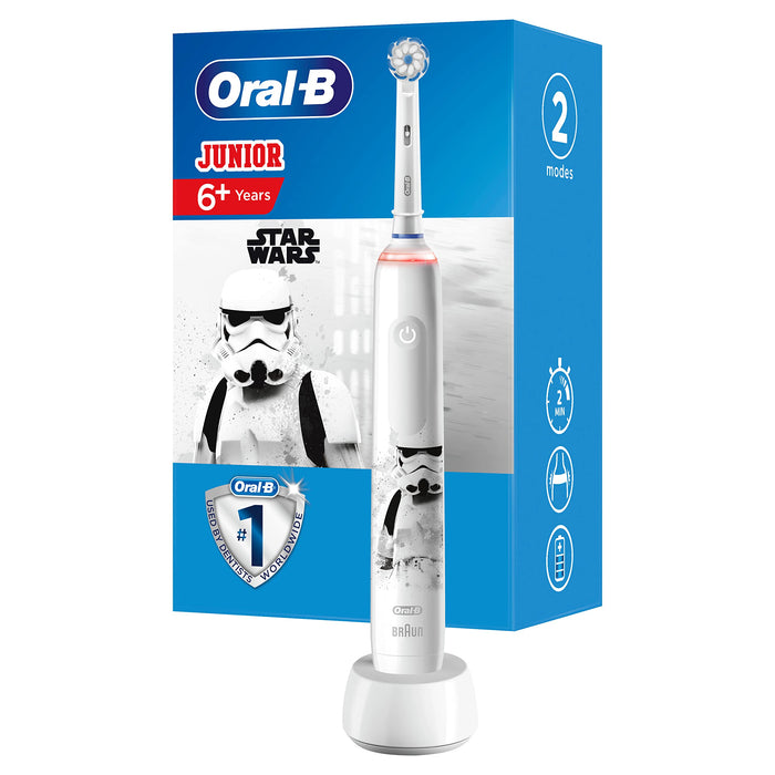Oral-B Junior elektryczna szczoteczka do zębów dla dzieci od 6 lat, z 3 trybami czyszczenia i wizualną kontrolą docisku 360° do pielęgnacji zębów, zaprojektowana przez Braun, Star Wars, biała