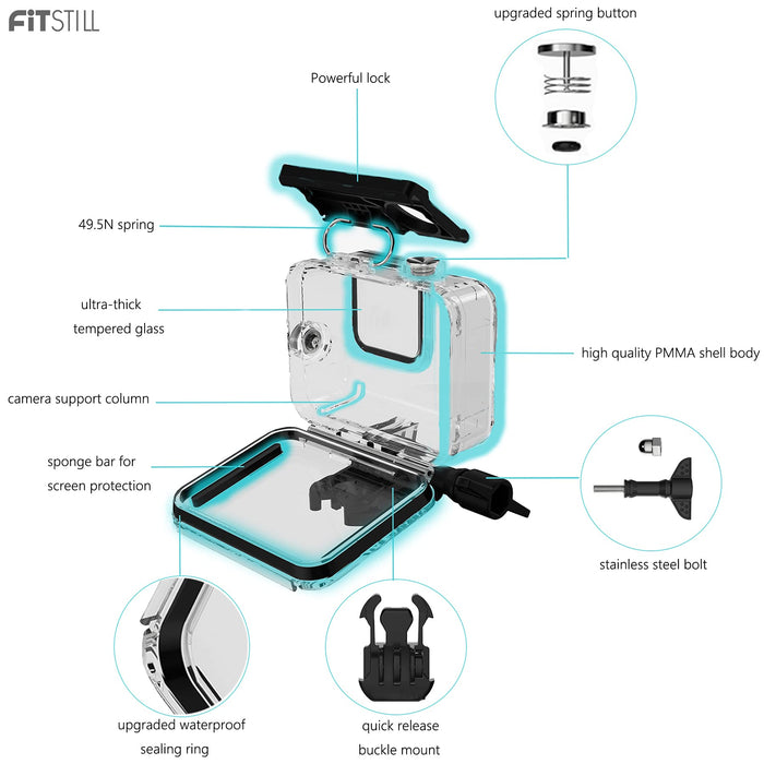 FitStill Wodoodporna obudowa do GoPro Hero 8 Black, ochronna obudowa do nurkowania 60 m obudowa z uchwytem akcesoria do kamery Go Pro Hero8 Action