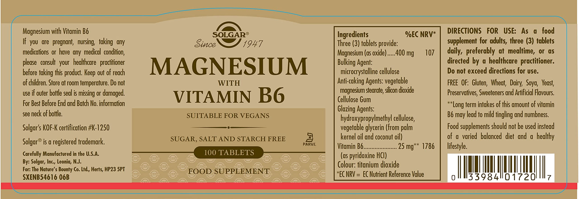 Magnez z witaminą B6 100 tabletek Solgar