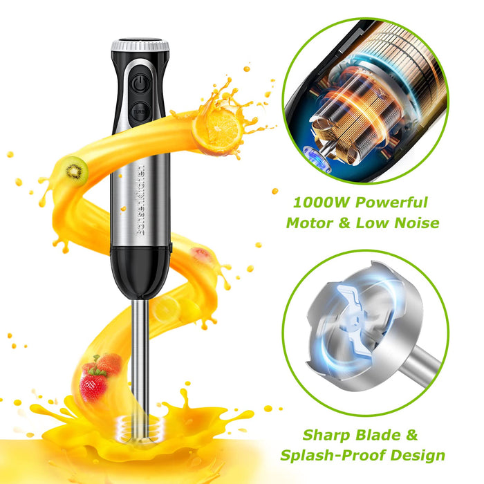 Bonsenkitchen Blender ręczny 4 w 1, elektryczny blender ręczny, 1000 W, bezstopniowa prędkość, ze stali nierdzewnej, trzepaczka, rozdrabniacz 500 ml i kubek z miarką 700 ml do jedzenia dla niemowląt, HB3203 (czarny)