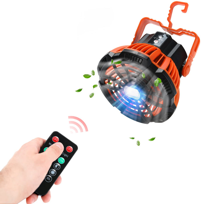 HERLLY Wentylator kempingowy z latarnią LED, przenośny wentylator biurkowy z haczykiem do zawieszenia, 5200 mAh, ładowany powerbank do użytku na zewnątrz, 3 prędkości, pilot zdalnego sterowania, wentylator biurkowy do biura, samochodu, awaryjny