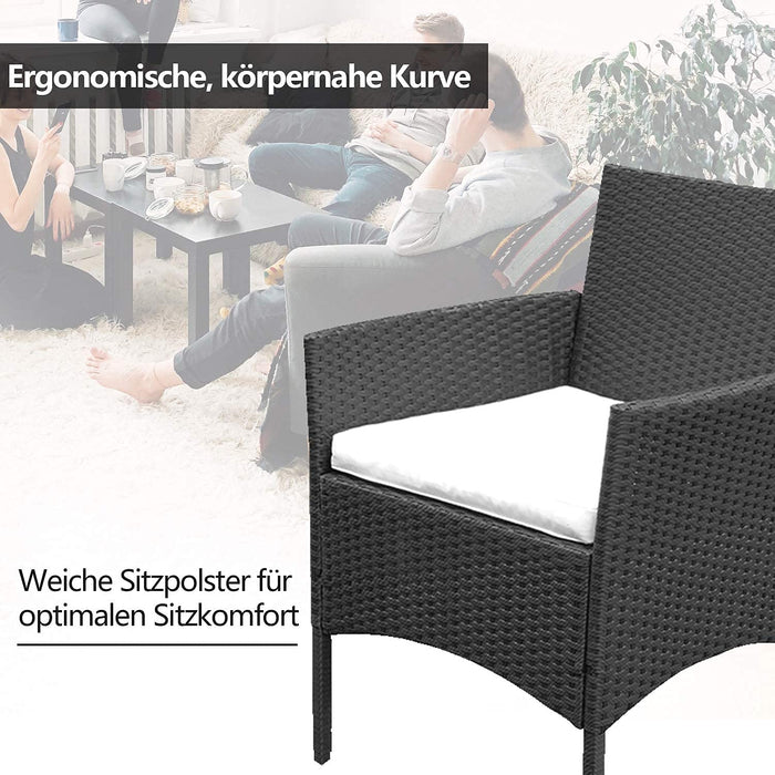 EINFEBEN polirattanowy zestaw mebli ogrodowych dla 4 osób, w zestawie 2-częściowa sofa, krzesła pojedyncze, stół i poduszki do siedzenia, odporne na działania warunków atmosferycznych, meble balkonowe, zestaw do siedzenia, czarny