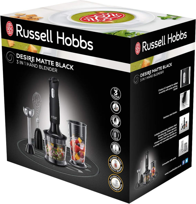 Russell Hobbs 24702 Desire ręczna blender 3 w 1 z elektrycznymi akcesoriami do whisky i wegetable chopper, matowy czarny