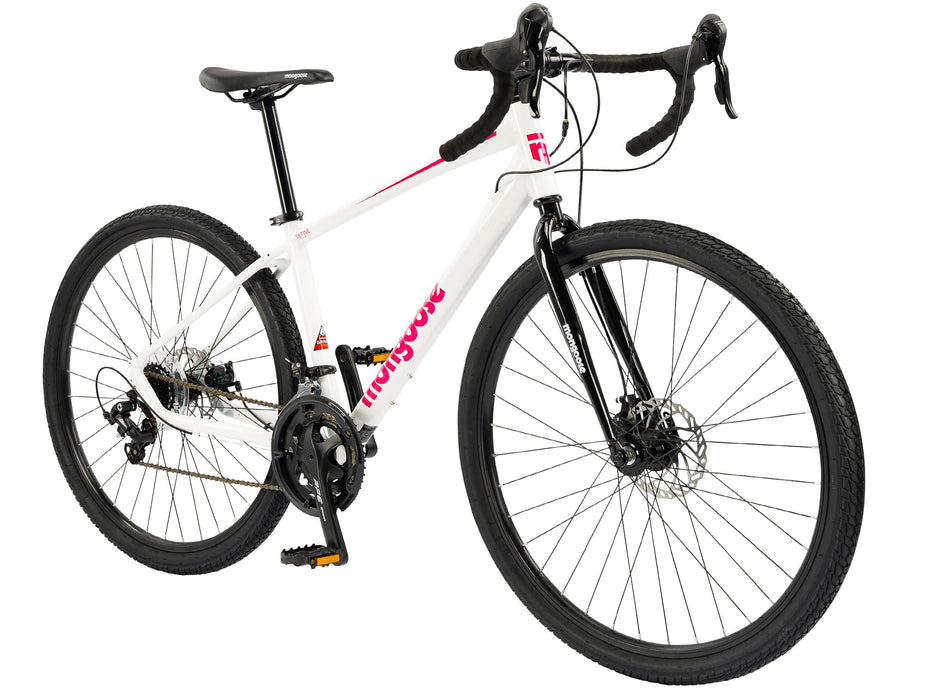 Mongoose Define damski rower żwirowy, biały, 14 prędkości, hamulce tarczowe, rama ze stopu 17, opony 700C