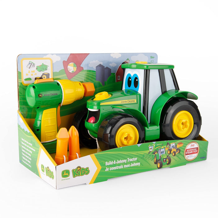 John Deere Build A Johnny Tractor | 16-częściowy budynek farma zabawka samochód | traktor zabawka z wiertarką zmotoryzowaną dla 18 miesięcy, 2, 3 i 4 lat chłopców i dziewcząt