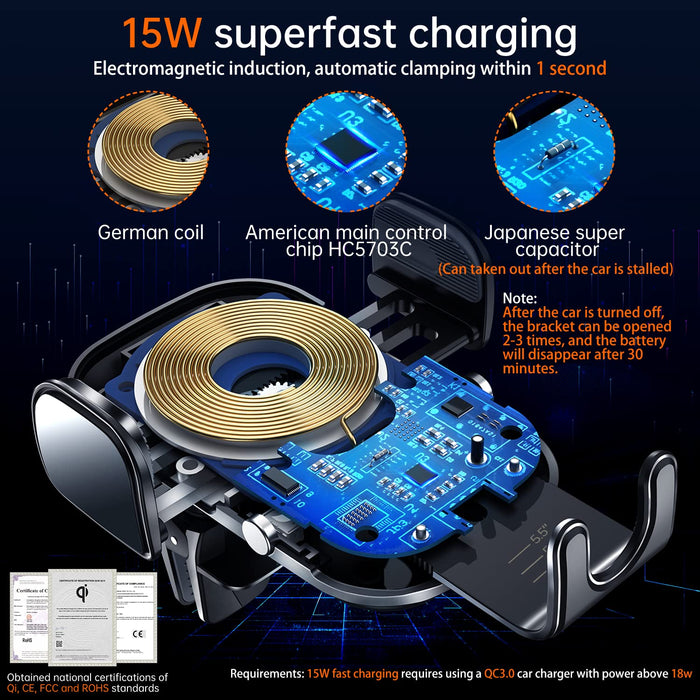 Auckly 15 W Fast Wireless Charger samochodowy uchwyt na telefon komórkowy z funkcją ładowania, automatyczny silnik indukcyjny zasilanie Qi, stacja ładująca do samochodu, uchwyt na telefon komórkowy, wentylacja do iPhone'a, Samsunga, Huawei, LG itp