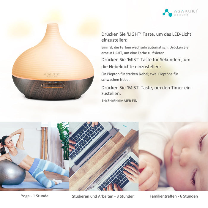 ASAKUKI Dyfuzor zapachowy 300 ml, do olejków zapachowych, ultradźwiękowy nawilżacz powietrza, aromaterapia, dyfuzor olejków z 7-kolorowym światłem LED, nie zawiera BPA, do sypialni, biura, spa