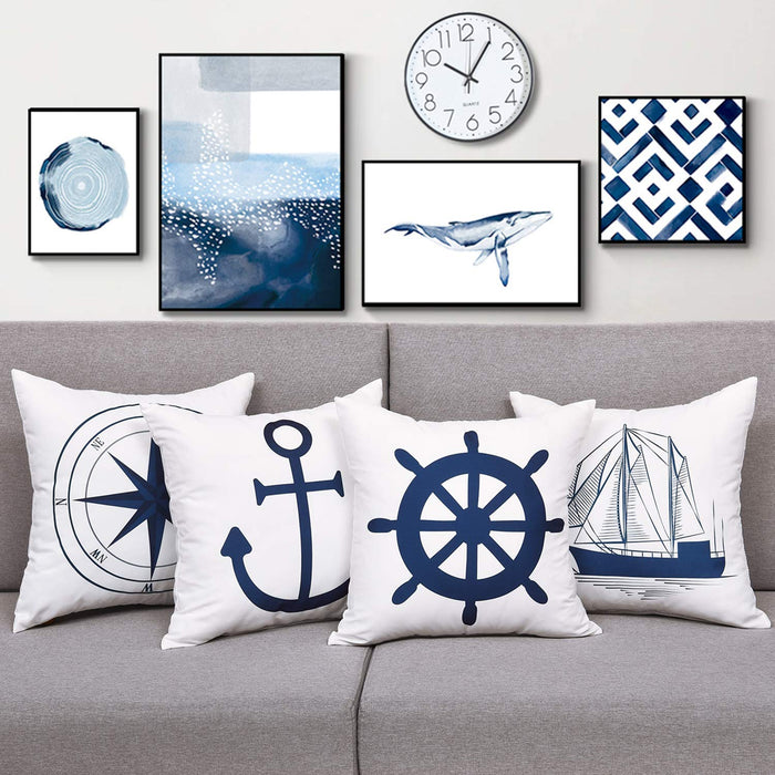 Elloevn Niebieskie morskie poszewki na poduszki, zestaw 4 dekoracyjnych poszewek na poduszkę kotwica statek nawigacja wzór kompas 45 x 45 cm ozdobne poszewki na poduszki w stylu marynarskim, dekoracyjne poduszki na sofę, białe i niebieskie