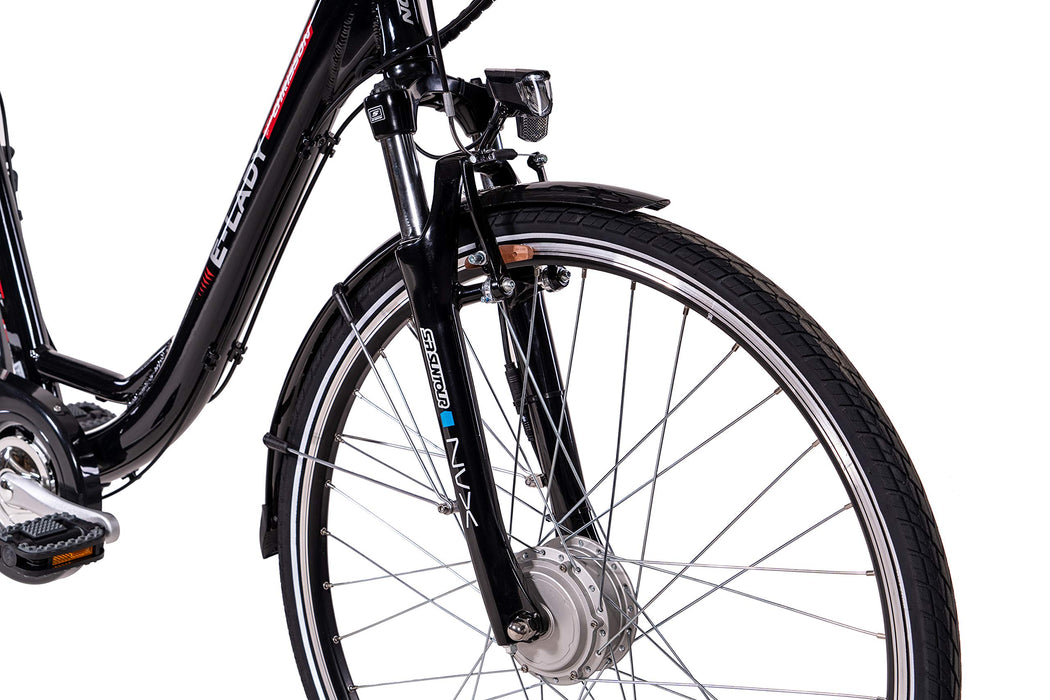 CHRISSON E-Lady 28 cali rower trekkingowy i miejski dla kobiet – E-Lady czarny z 8-biegową przerzutką Acera – Pedelec damski z silnikiem przednim Ananda 250 W, 36 V