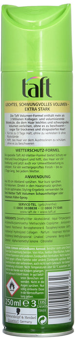 Schwarzkopf 3 Wetter Taft spray do włosów, objętość suchych i zniszczonych włosów, bardzo mocne trzymanie, 3, 250 ml