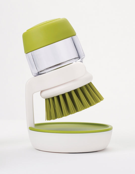 Joseph Joseph 85004 Palm Scrub - szczotka do mycia ze zintegrowanym dozownikiem płynu do mycia naczyń, ze stojakiem - zielona, 8,8 x 9,5 x 13,5 cm