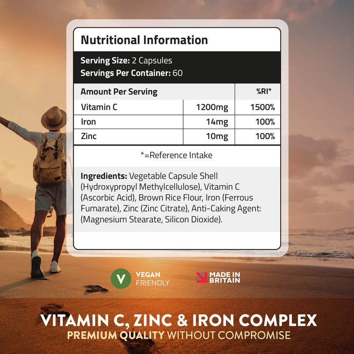Witamina C i cynk Plus żelazo - 1200 mg tabletek witaminy C o wysokiej wytrzymałości - 120 kapsułek - przyczynia się do utrzymania normalnego układu odpornościowego - Premium kwas askorbinowy - wegański - UK Made by TDN