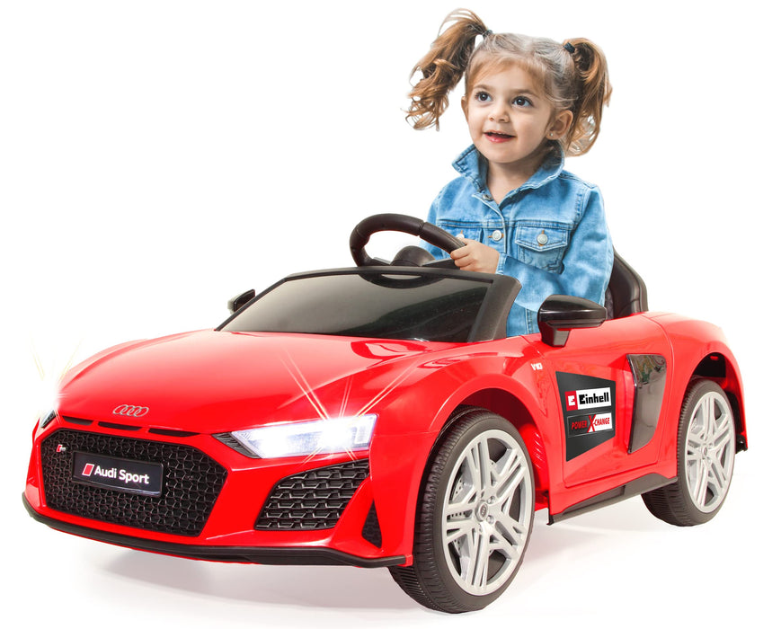 JAMARA 461806 Ride-on Audi R8 Spyder 18 V Einhell Power X-Change wraz z systemem startowym szybkiej wymiany akumulatorów, oficjalna licencja, Bluetooth, samochód elektryczny, czerwony