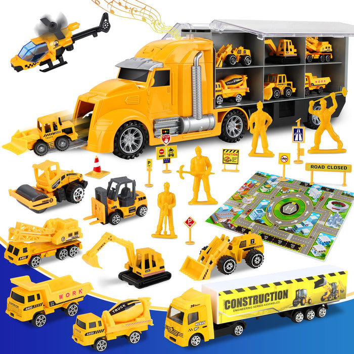 lenbest 11 w 1 pojazd budowlany samochody zabawki ciężarówki, mini model pojazdów zestaw z muzyką, światło i 76 * 52 cm mapa zabawy miasta, przewoźnik ciężarówka samochód zabawki edukacyjne prezent dla dzieci od 3 lat