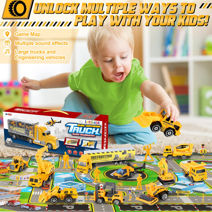 lenbest 11 w 1 pojazd budowlany samochody zabawki ciężarówki, mini model pojazdów zestaw z muzyką, światło i 76 * 52 cm mapa zabawy miasta, przewoźnik ciężarówka samochód zabawki edukacyjne prezent dla dzieci od 3 lat