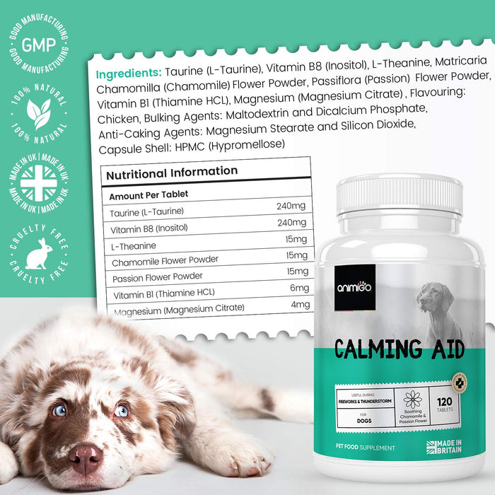 Tabletki uspokajające dla psów - 120 tabletek - naturalna ulga dla psów, suplement na stres dla małych, średnich i dużych psów + suplement uspokajający dla szczeniąt, kwiat passiflory, rumianek, magnez i witamina B