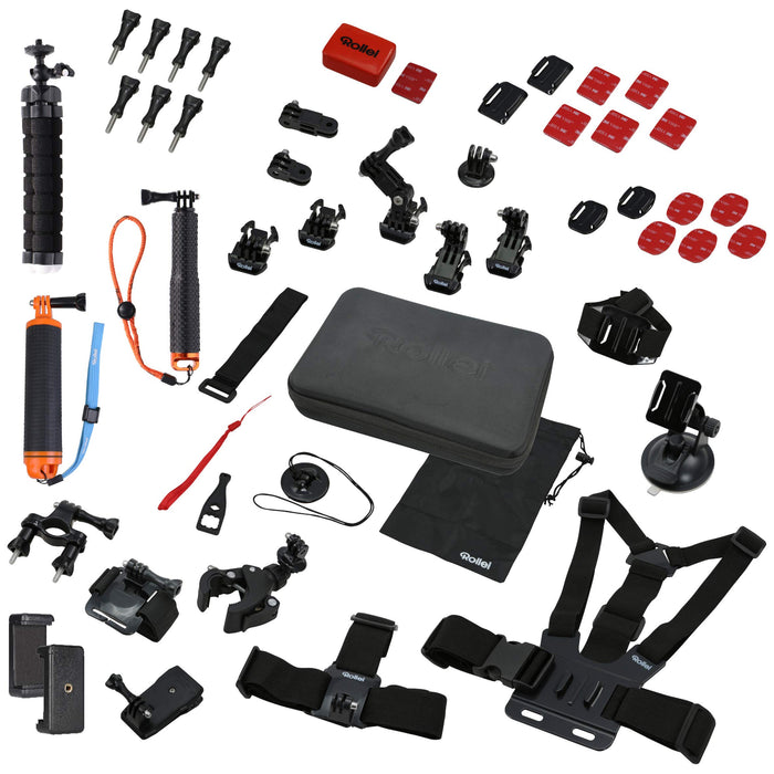 Rollei Actioncam Mount Set Sport XL - 49-częściowy zestaw akcesoriów - w zestawie pasek na głowę i uchwyt na klatkę piersiową do kamer sportowych Rollei i GoPro