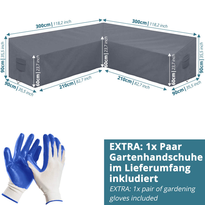 Pokrowiec na meble ogrodowe w kształcie litery L, 300 x 300 x 90 cm, plandeka brezentowa do mebli ogrodowych w kształcie litery L