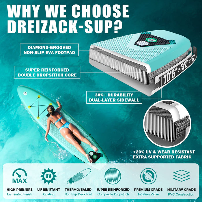 Dreizack-sup Zestaw nadmuchiwanych desek Sup Board Set Pro z pompą wysokociśnieniową, torbą transportową, z uchwytem na kamerę Go Pro, 323 x 80 x 15 cm, 10,6", deska surfingowa, 230 kg, kajak, joga